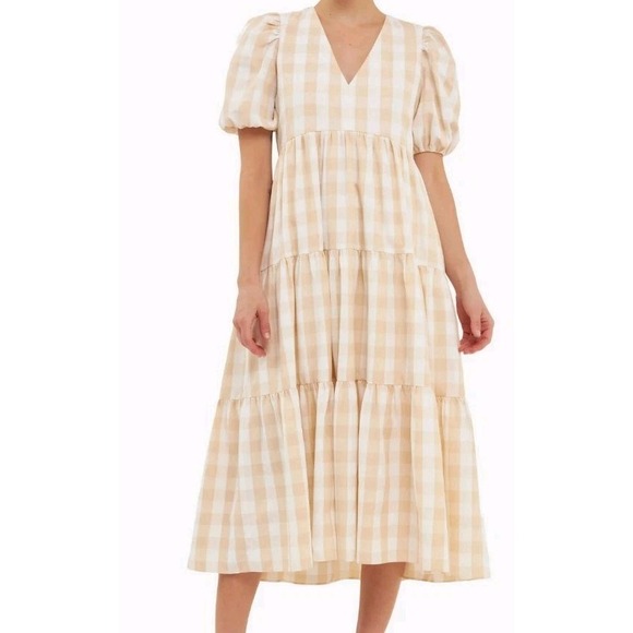 English Factory Dresses & Skirts - English Factory Tan And White Gingham Midi Dress Size Medium